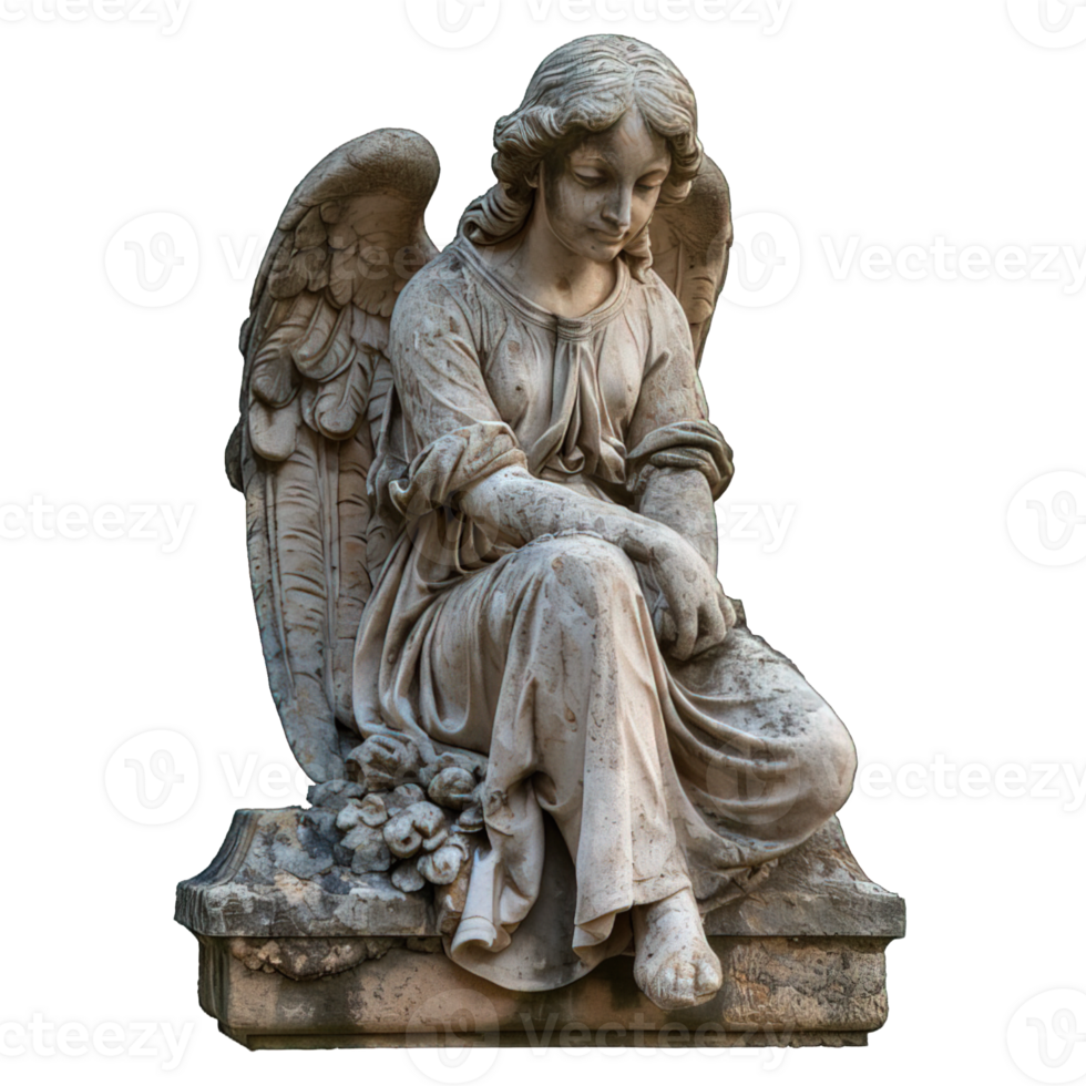 AI generated stone statue of a winged female angel isolated on transparent background ,generative ai png