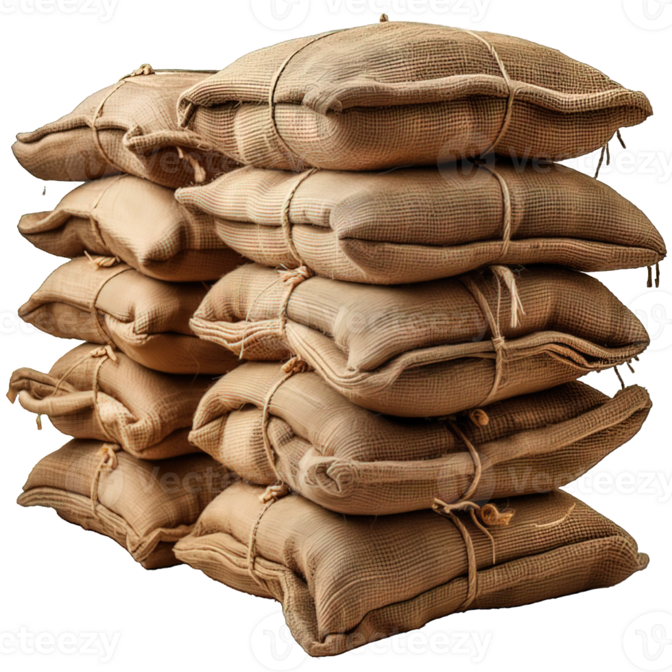 AI generated pile of burlap sacks isolated on transparent background ,stacked sacks png ,generative ai