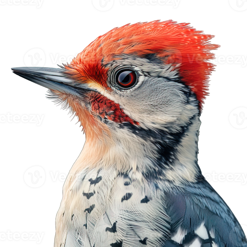 AI generated woodpecker isolated on transparent background ,woodpecker macro potrait ,generative ai png