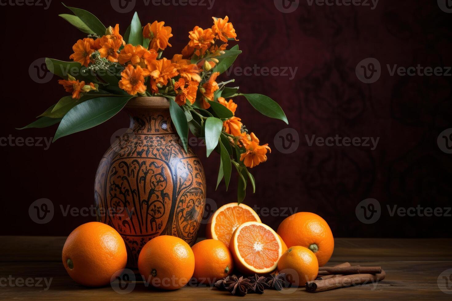 ai generado aromático naranjas canela florero. generar ai foto