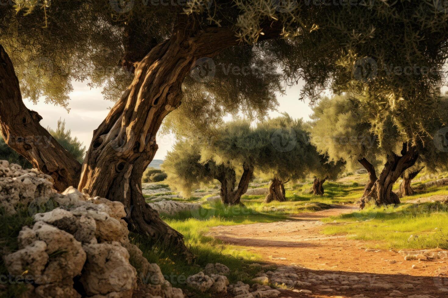 AI generated Verdant Olives trees farm. Generate Ai photo