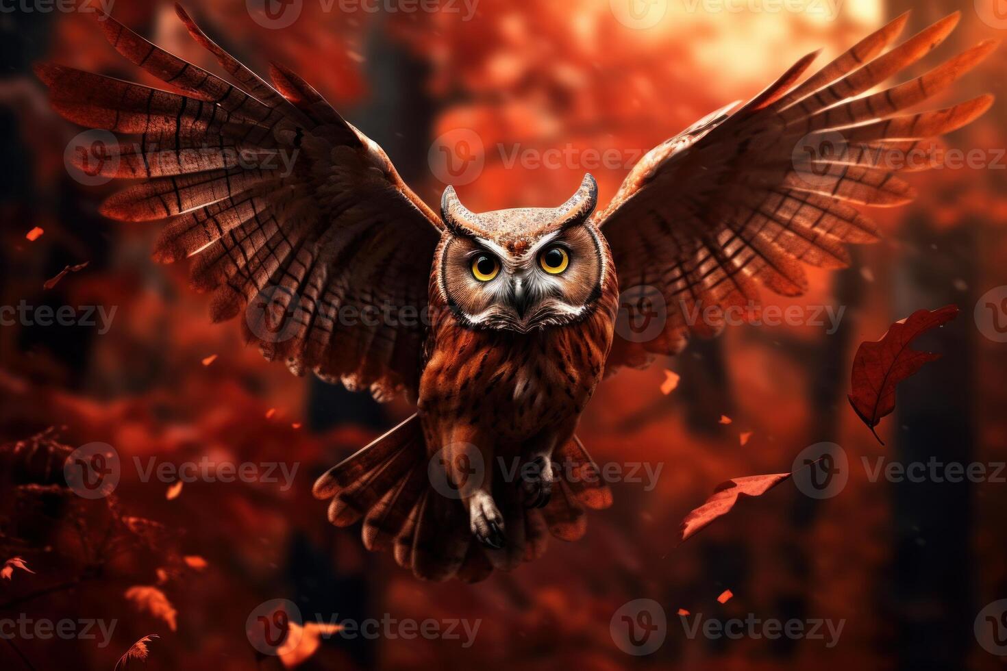 AI generated Mysterious Owl leaves forest. Generate Ai photo