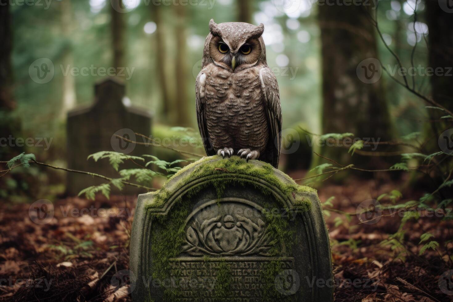 AI generated Spooky Owl on cemetery gravestone in darkness. Generate ai photo