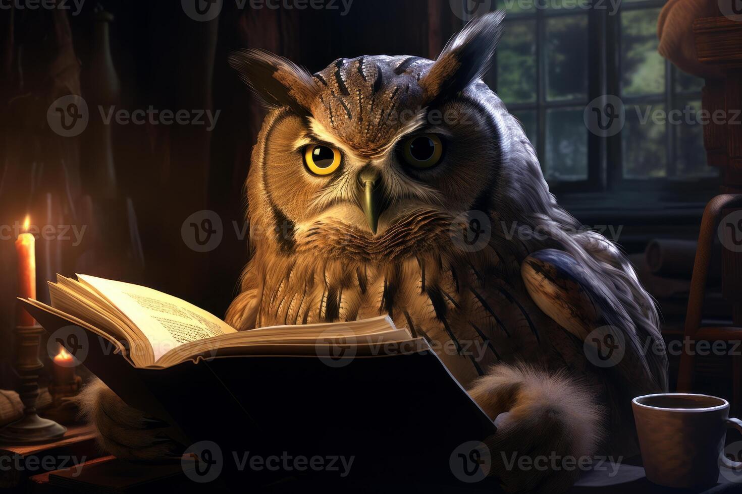 AI generated Adorable Cute owl reading book sofa. Generate Ai photo