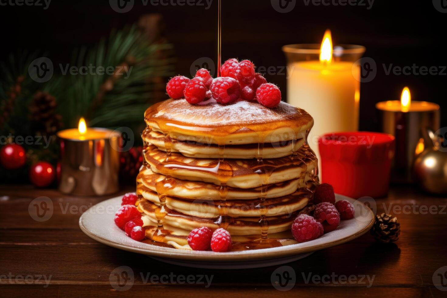 AI generated Festive Pancakes candles christmas. Generate Ai photo