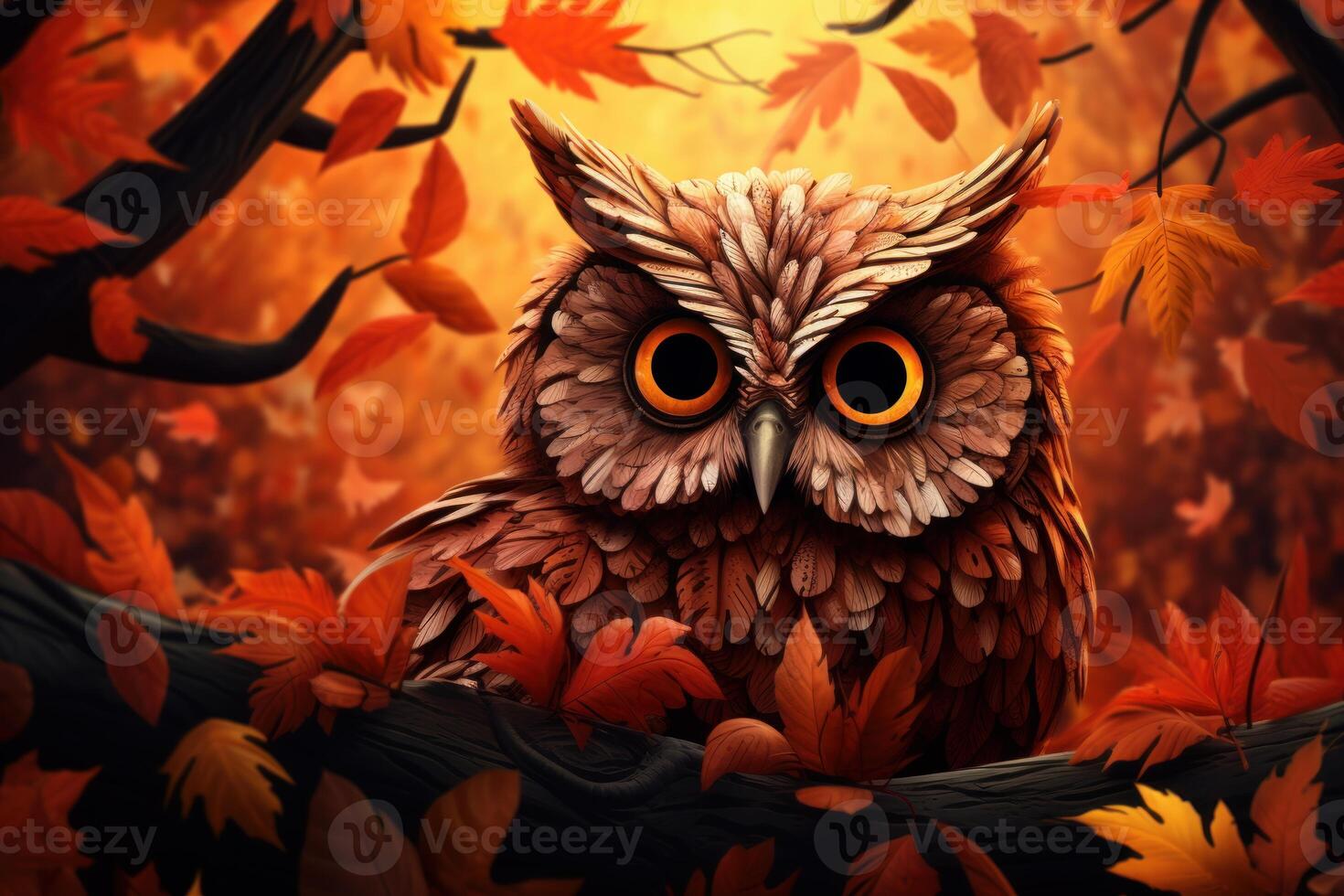 AI generated Mysterious Owl leaves forest autumn. Generate Ai photo