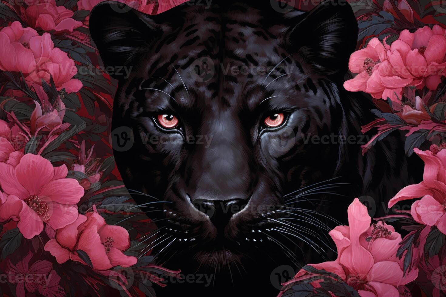 AI generated Exotic Panther head pink flowers. Generate Ai photo