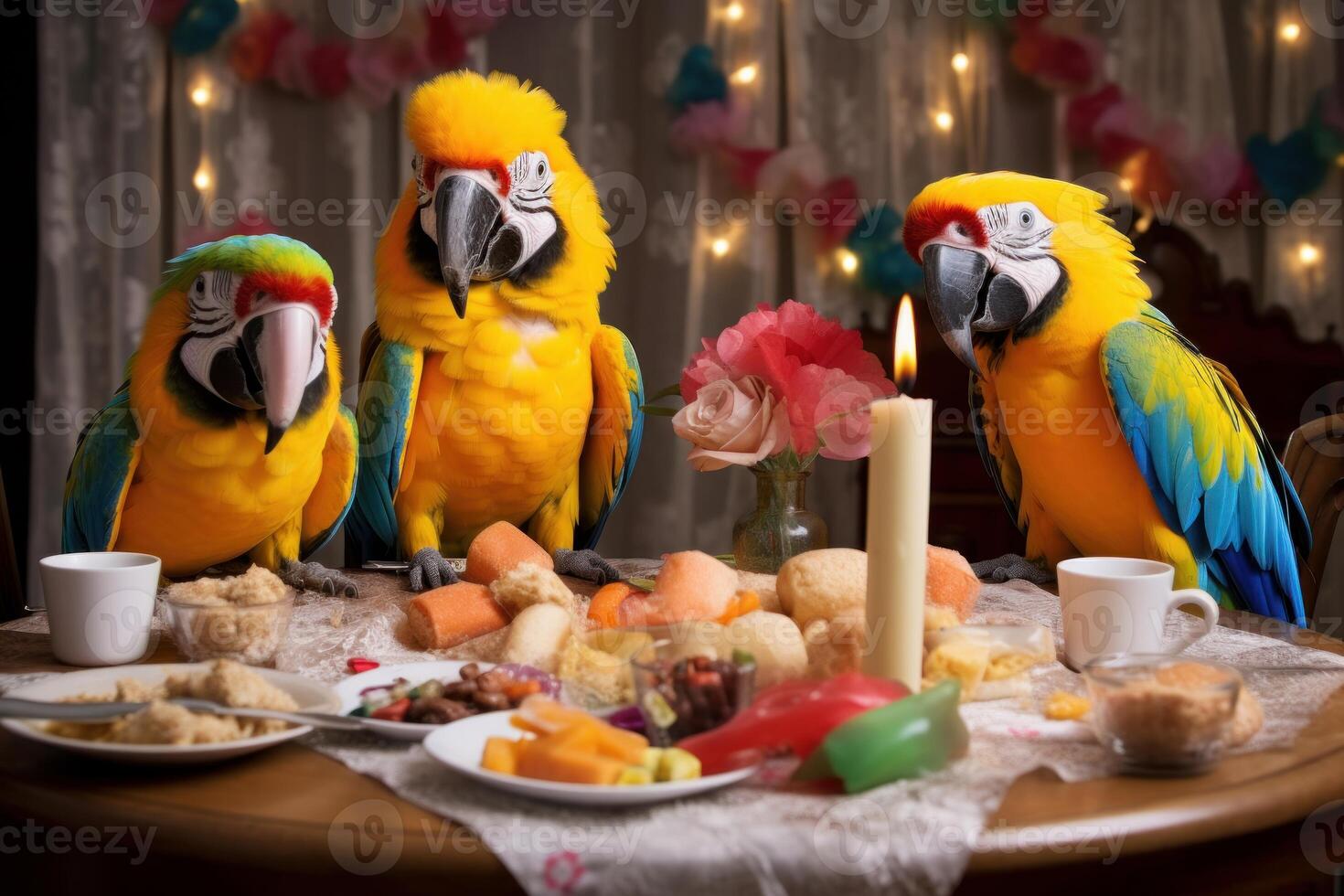 ai generado vistoso loros fiesta divertido. generar ai foto