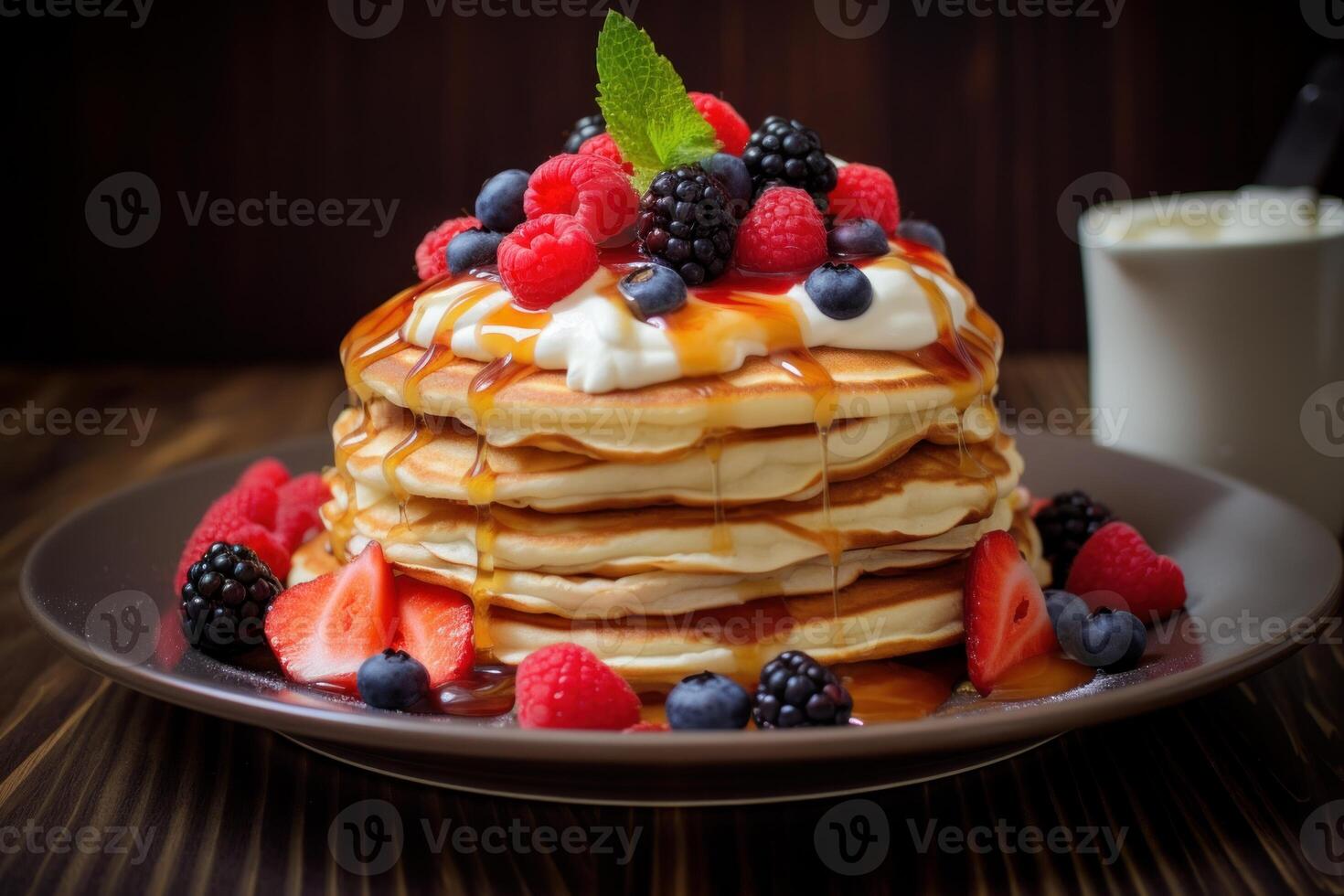 AI generated Scrumptious Pancakes cream fruits chocolate. Generate Ai photo