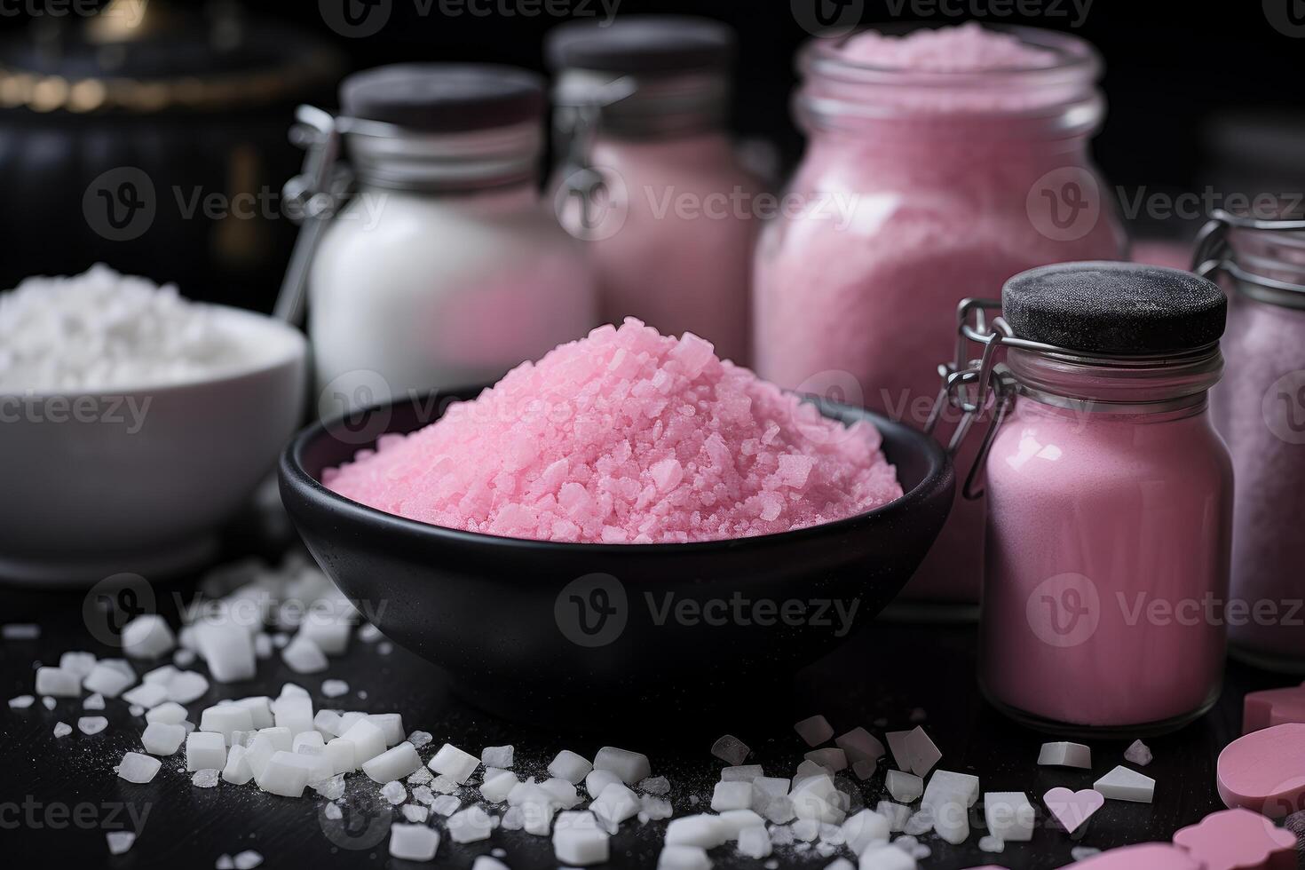 AI generated Colorful Pink black salt piles on background. Generate Ai photo