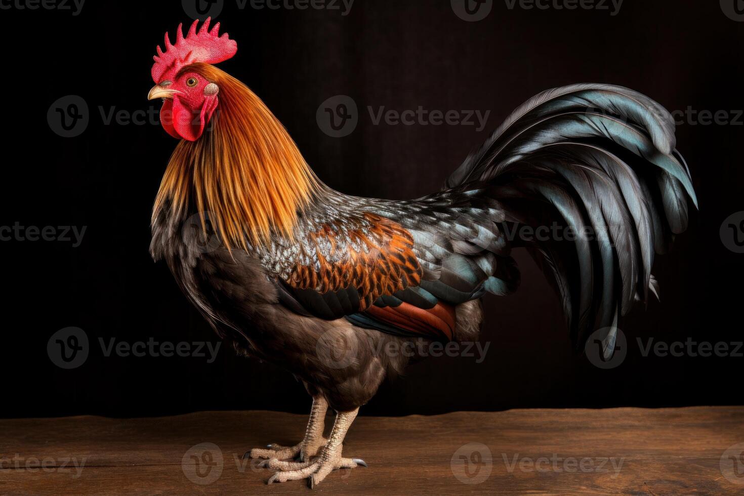 AI generated Vibrant Rooster on farm fence. Generate Ai photo