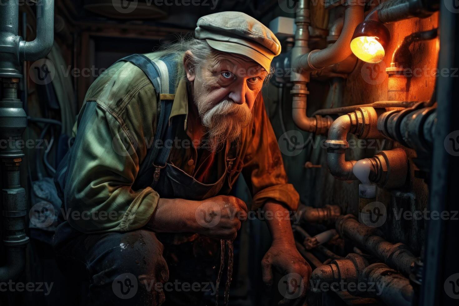 AI generated Reliable Plumber old man pipes basement. Generate Ai photo