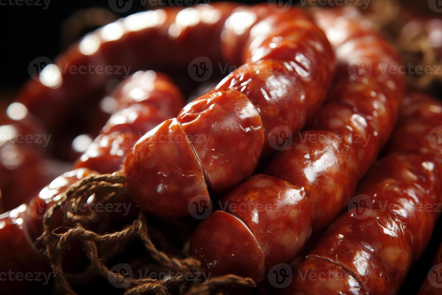 AI generated Rustic Closeup photo of cut polish sausage on wooden board. Generate ai