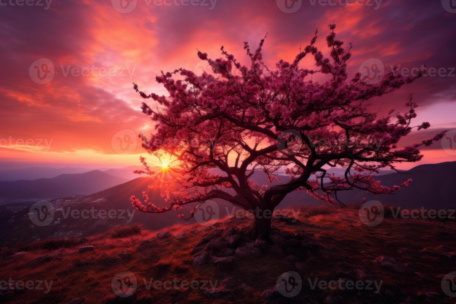 AI generated Vibrant Plum ripe tree sunset nature farm. Generate Ai photo