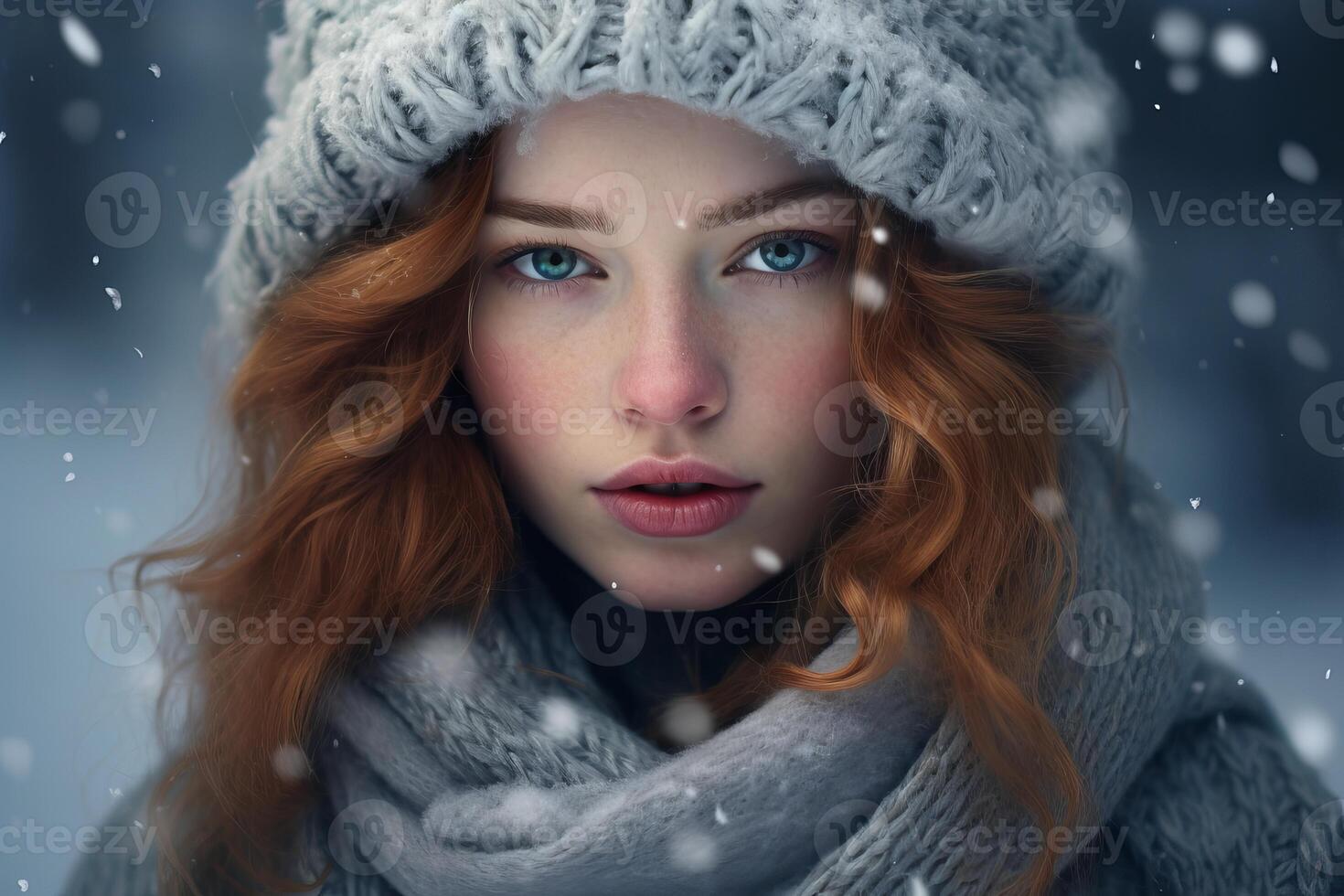 AI generated Serene Woman portrait in winter cloth portrait view. Generate Ai photo