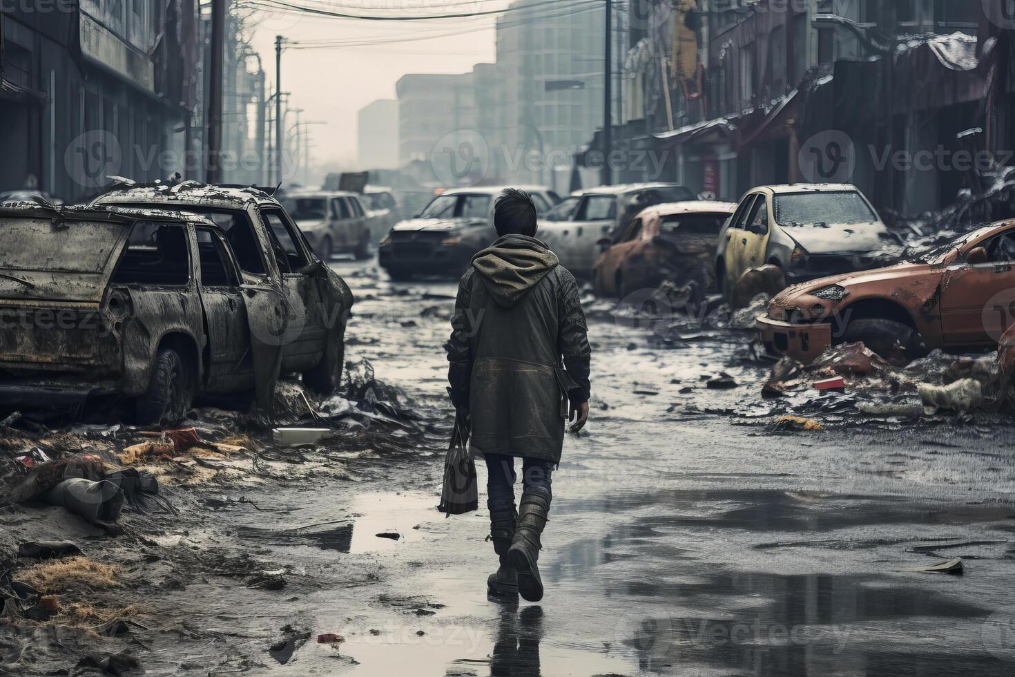 AI generated Decayed Postapocalyptic city street. Generate Ai photo