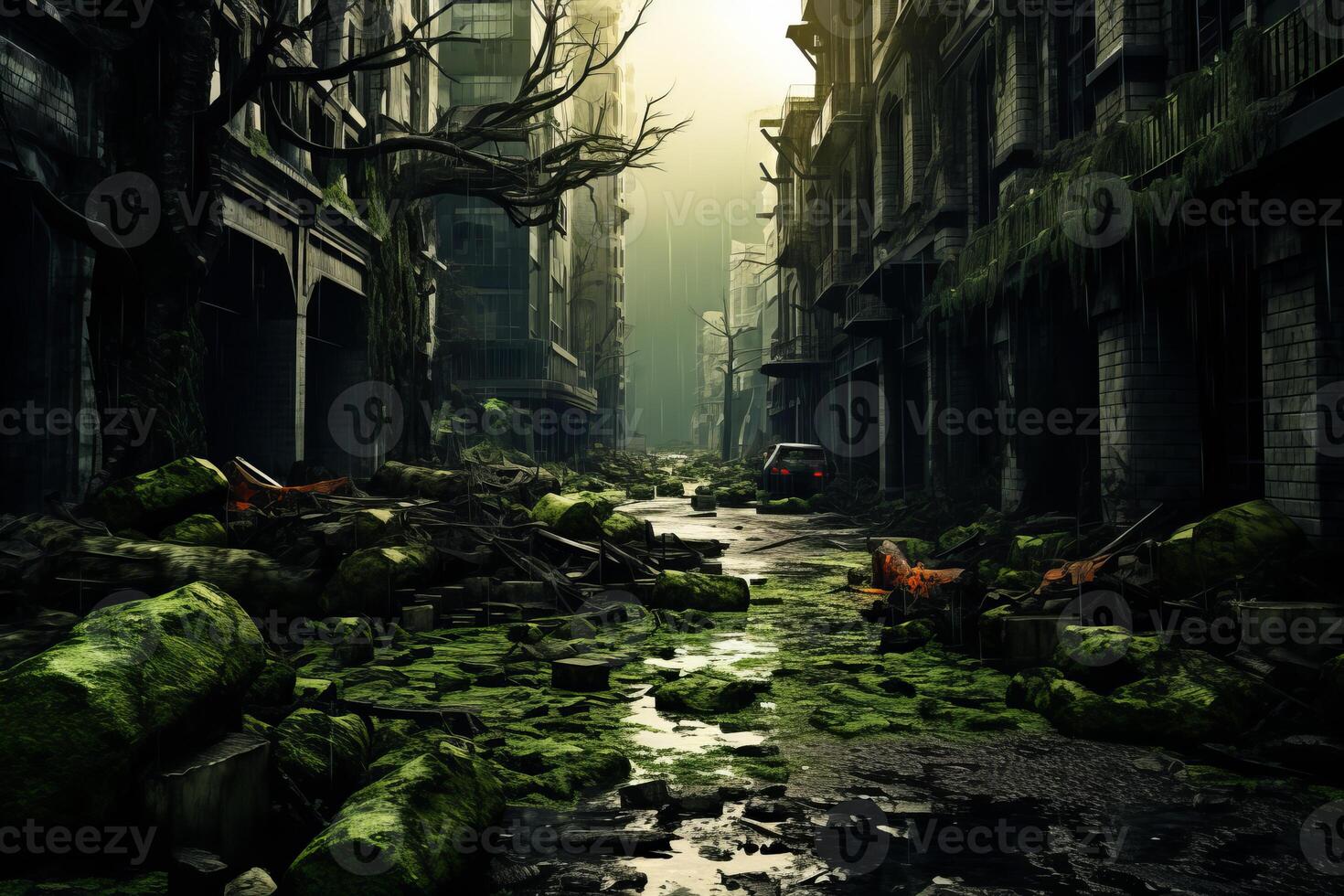 AI generated Abandoned Postapocalyptic green street. Generate Ai photo