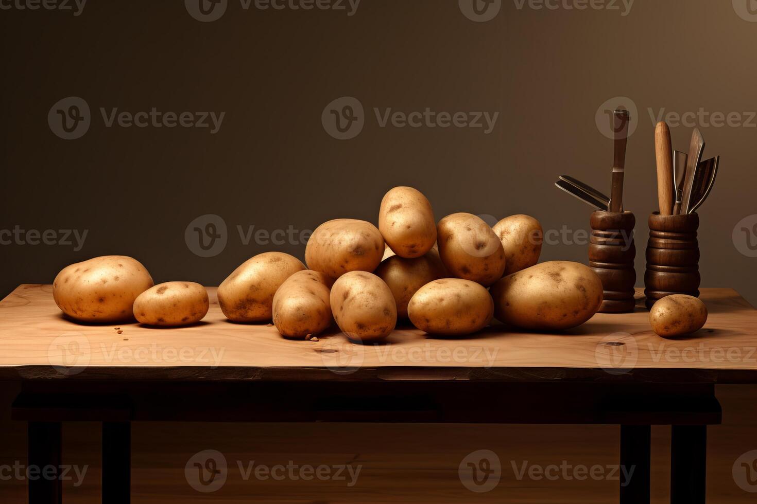 AI generated Sturdy Potatoes wooden table. Generate Ai photo