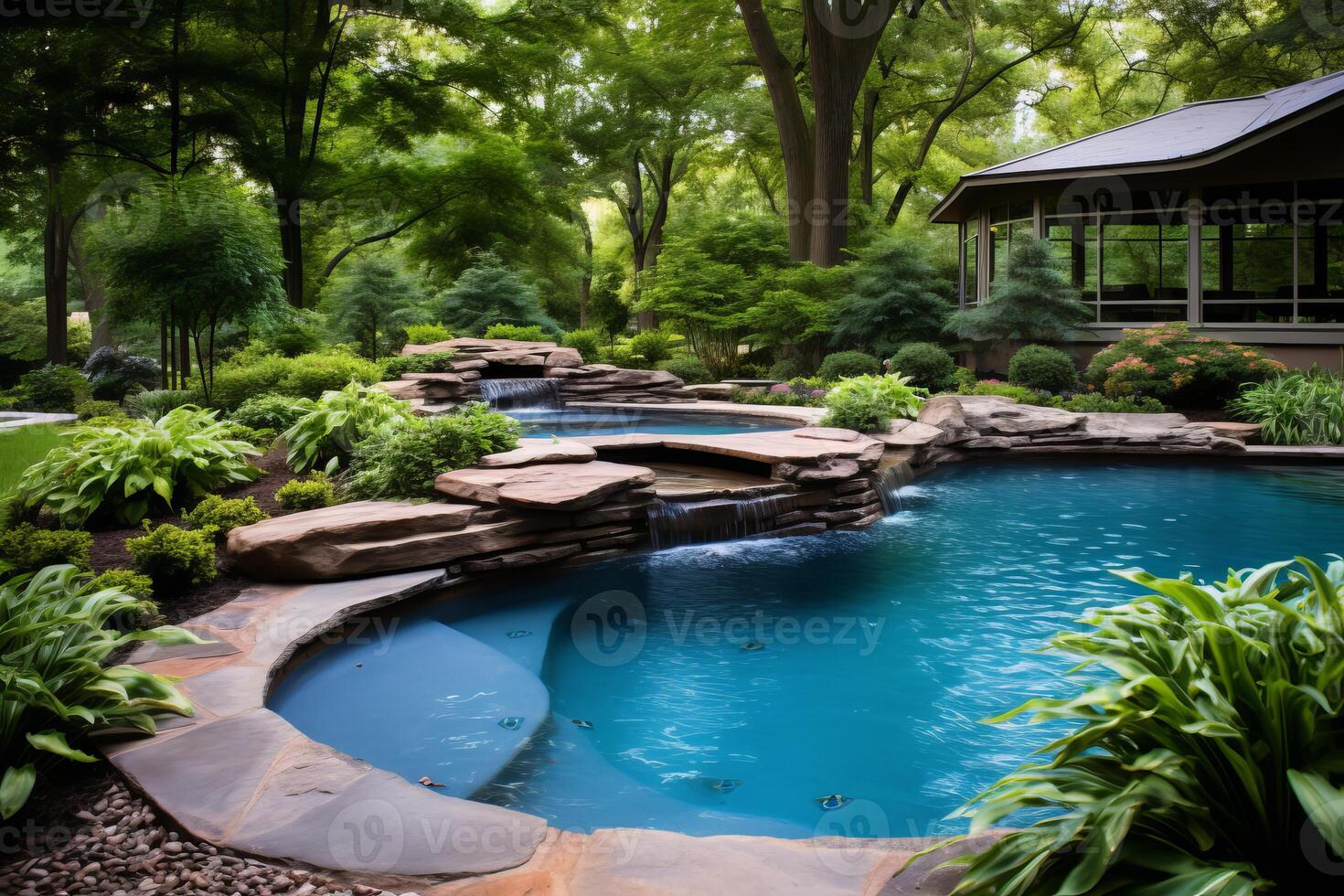 AI generated Inviting Pool area backyard banner. Generate Ai photo