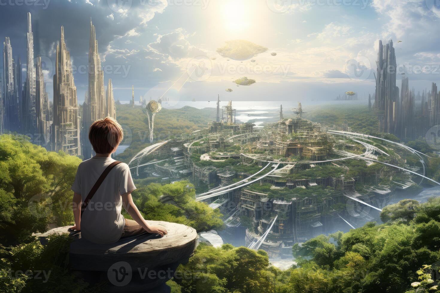AI generated Futuristic Prehistoric child boy future city. Generate Ai photo