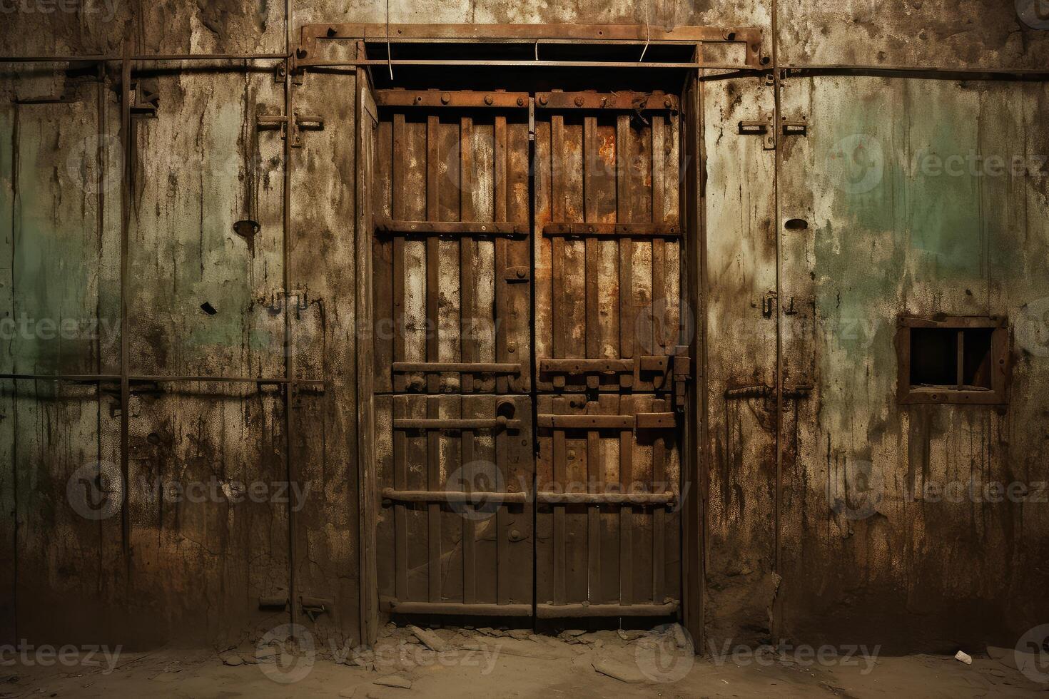 ai generado mugriento prisión puertas viejo. generar ai foto