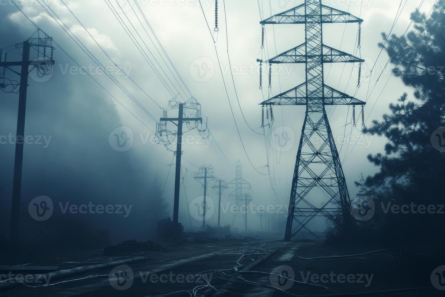AI generated Intriguing Power lines village anime visual novel game. Generate Ai photo