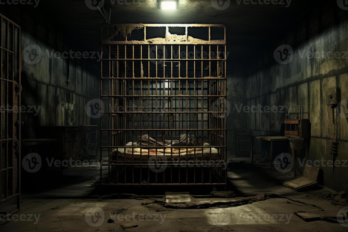 AI generated Confined Prisoner cage prison portrait. Generate Ai photo