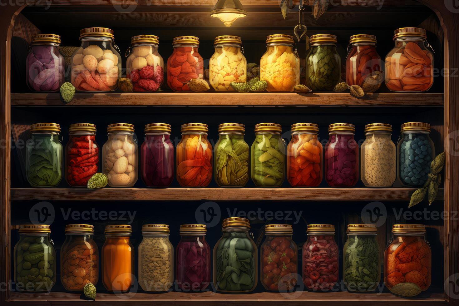 AI generated Stocked Preserves shelves. Generate Ai photo