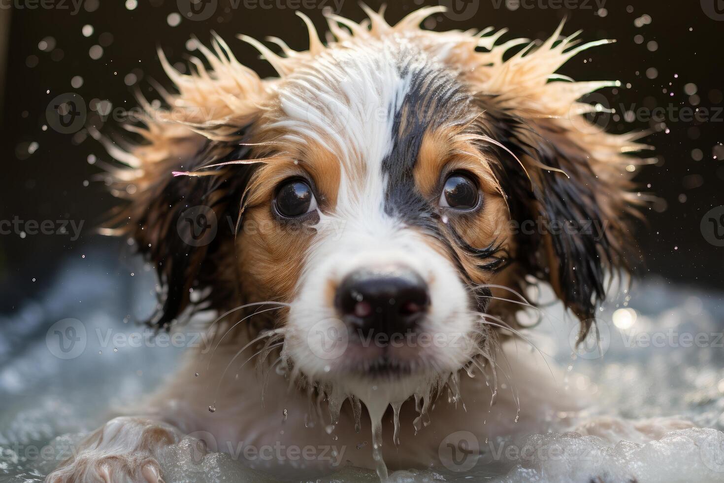 AI generated Sudsy Puppy dog foam shampoo bath. Generate Ai photo