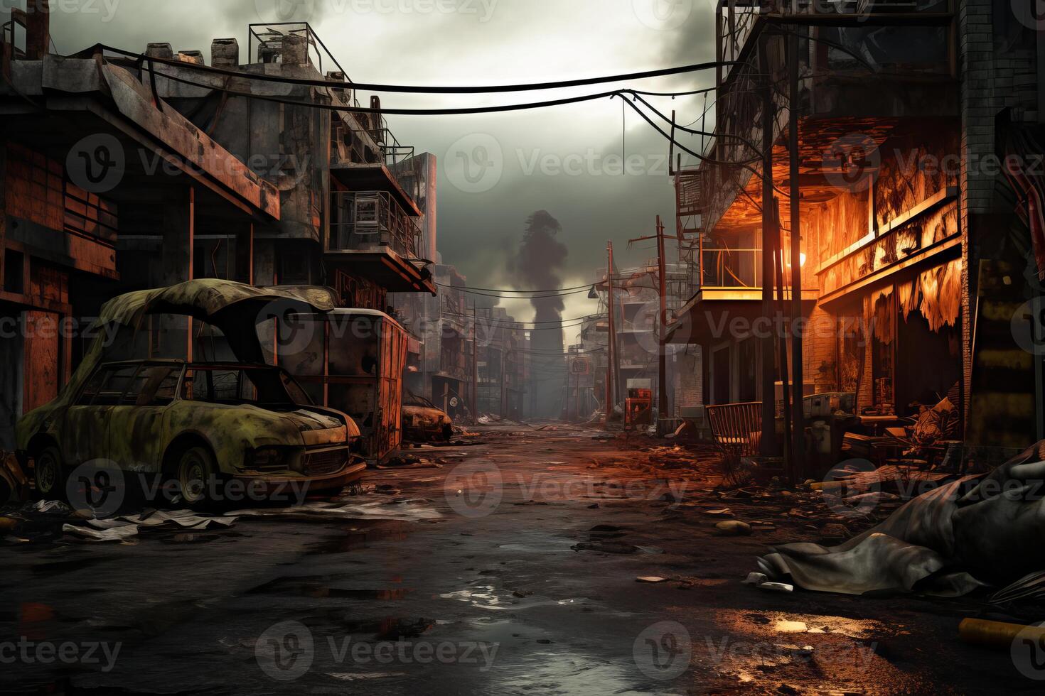 AI generated Desolate Post apocalyptic street. City destruction photo