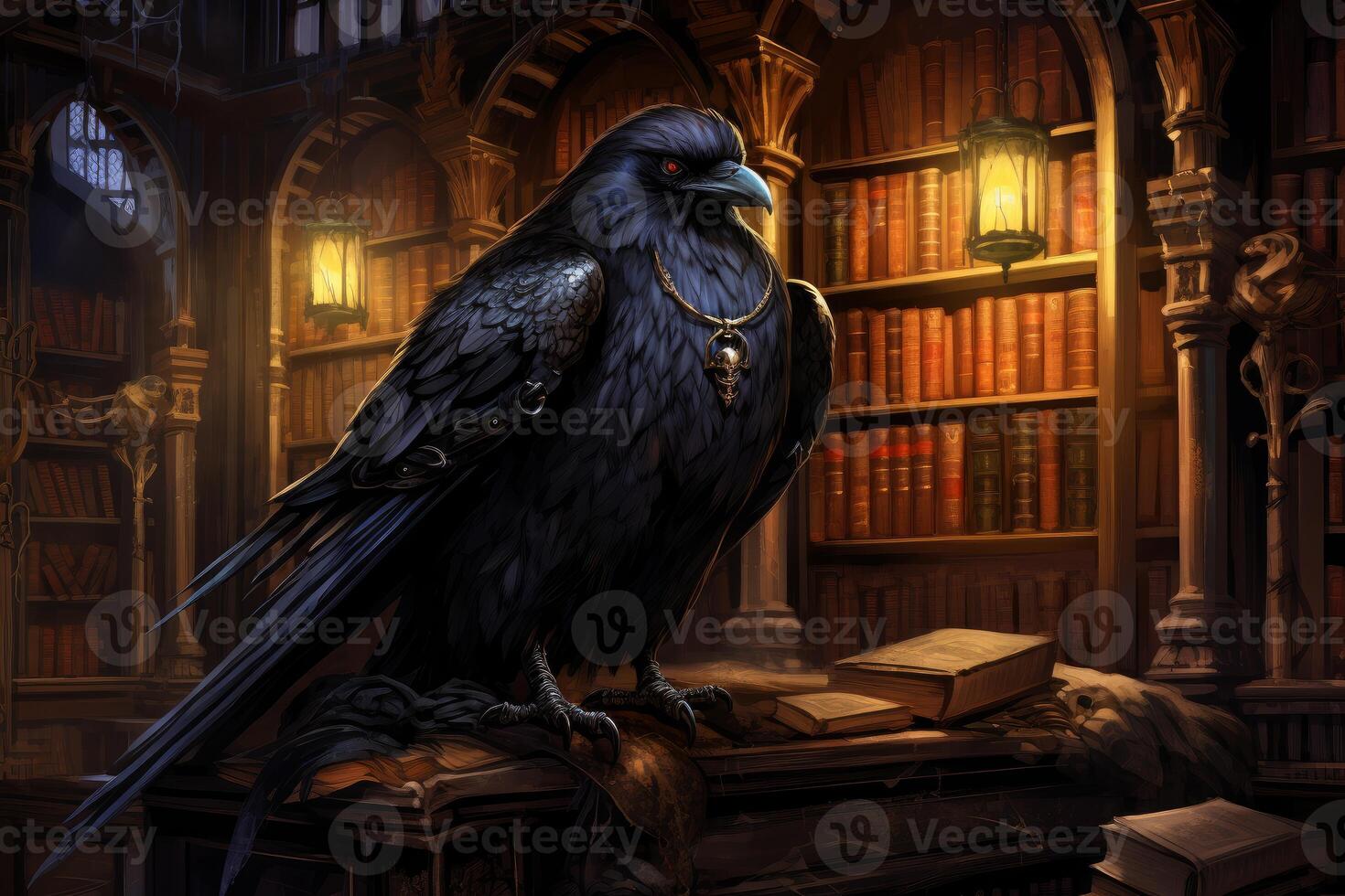 AI generated Expansive Raven ancient library. Generate Ai photo