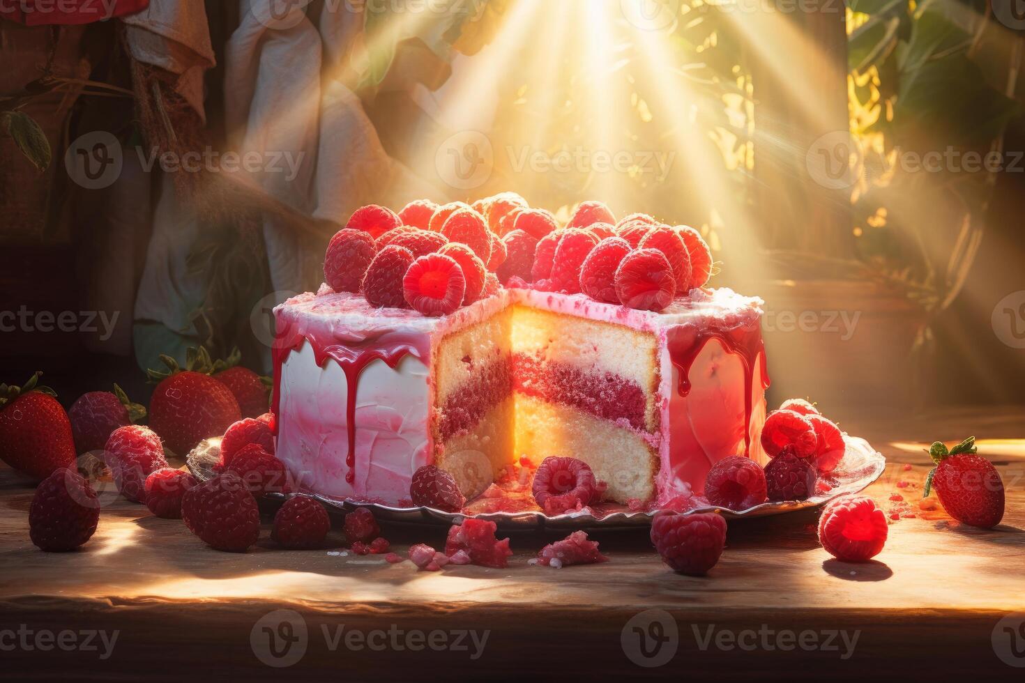 AI generated Luscious Raspberry cake in sunlight. Generate Ai photo