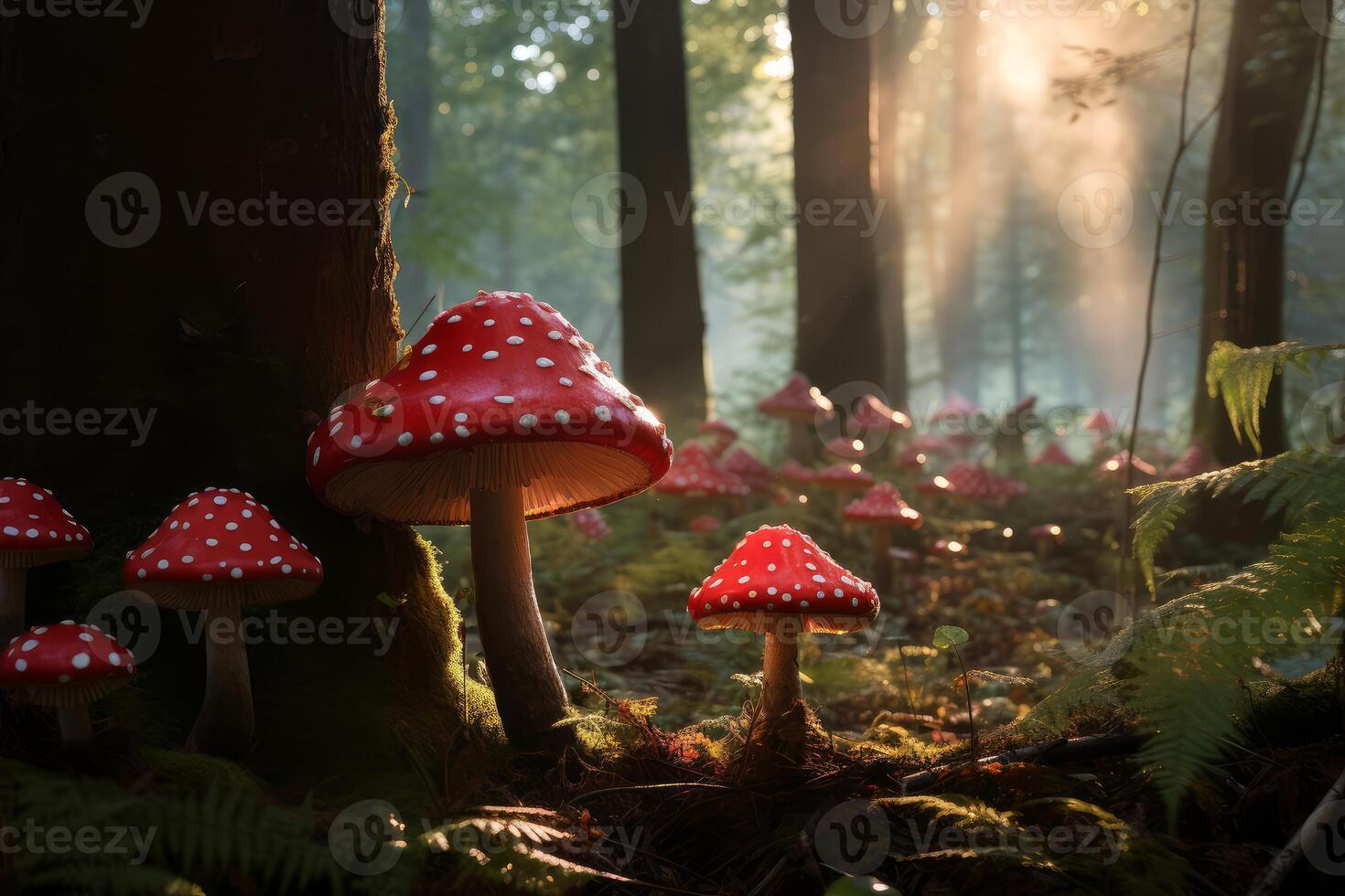AI generated Vibrant Red toadstool mushroom forest. Generate Ai photo