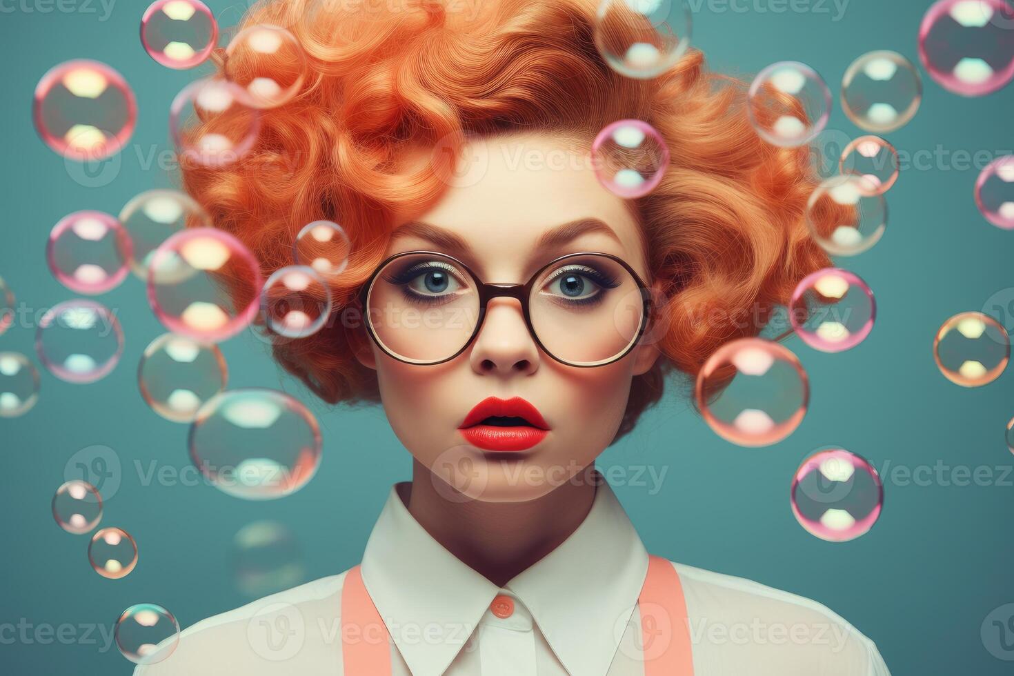 AI generated Nostalgic Retro woman portrait on soap bubbles background. Generate ai photo