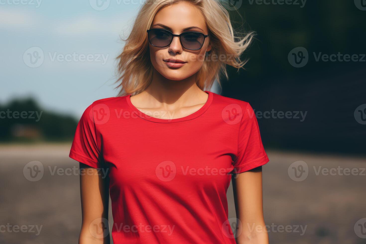 AI generated Realistic Red tshirt mockup female. Generate Ai photo