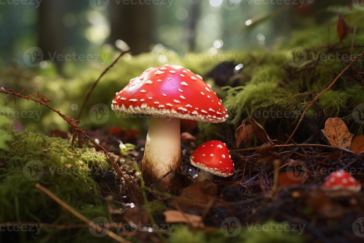 AI generated Alarming Red toadstool mushroom danger. Generate Ai photo