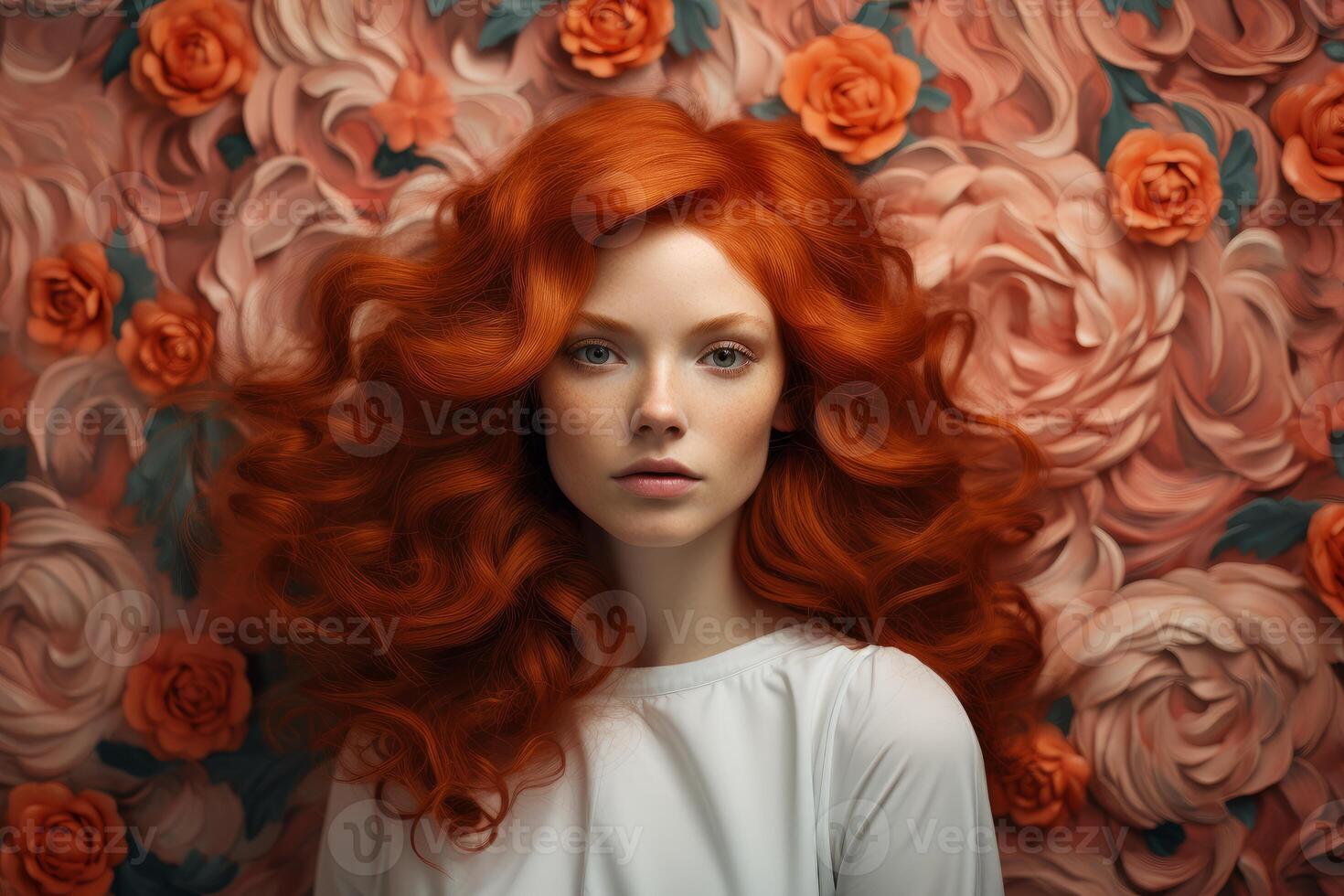 AI generated Fiery Red hair woman stairs wall. Generate Ai photo