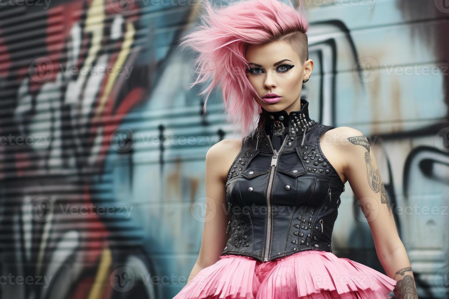 AI generated Rebellious Punk woman pink dress. Generate Ai photo