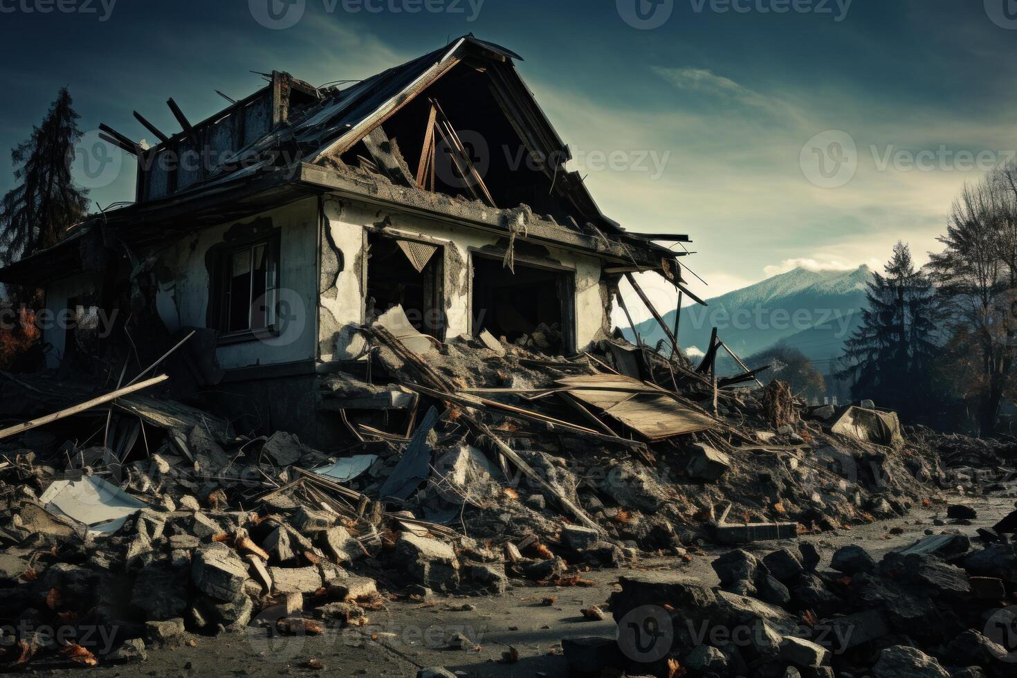 AI generated Damaged Ruined house after earthquake. Generate Ai photo