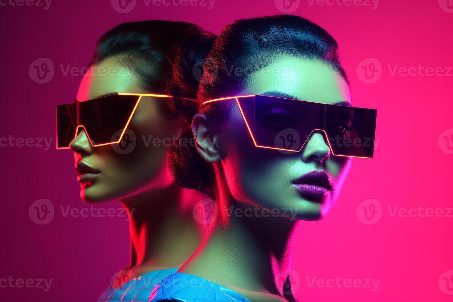 AI generated Bold Retrowave fashion clothing of couple. Generate Ai photo