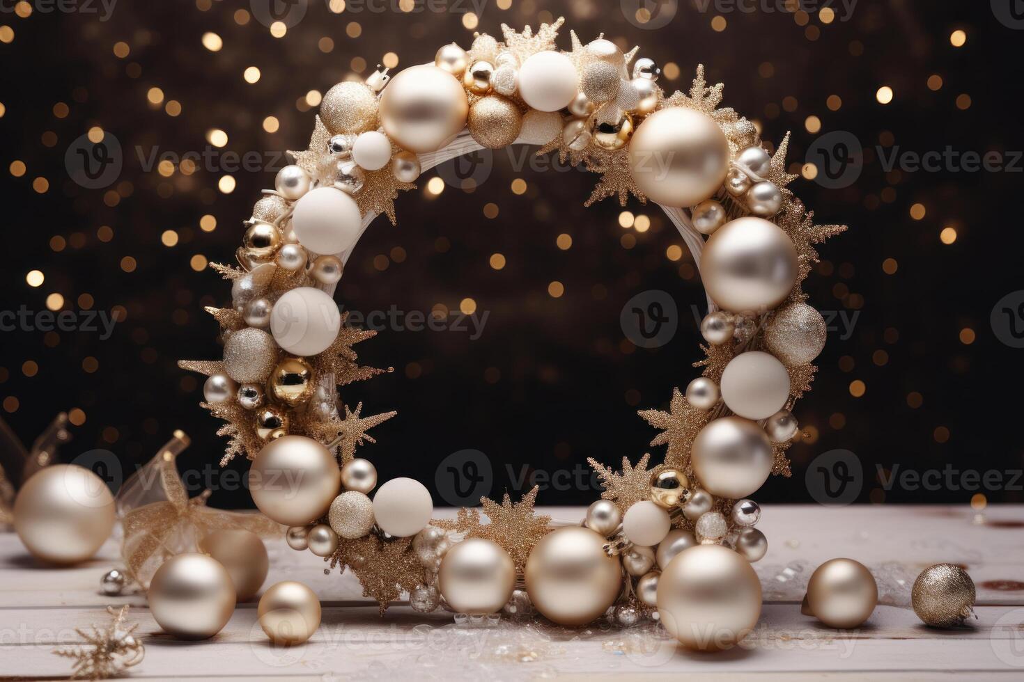 AI generated Festive Round christmas frame gold stars. Generate Ai photo