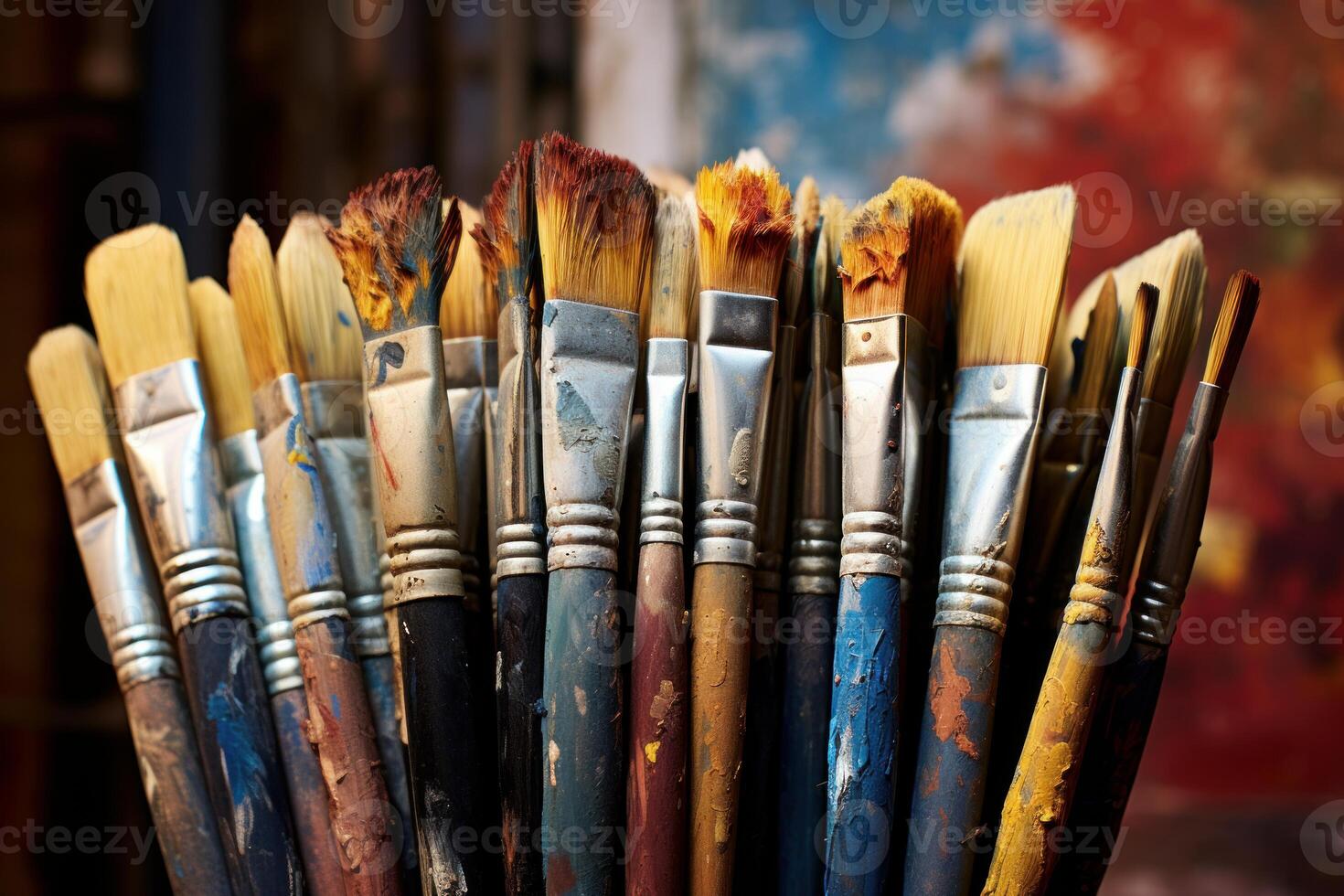 AI generated Colorful Row artist paintbrushes. Generate Ai photo