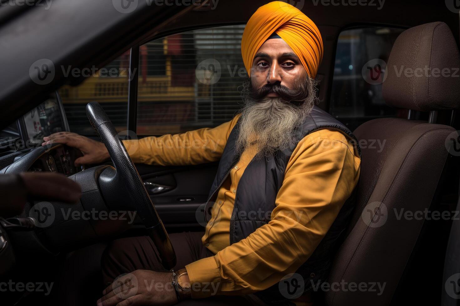 AI generated Determined Sikh adult taxi driver city street. Generate AI photo