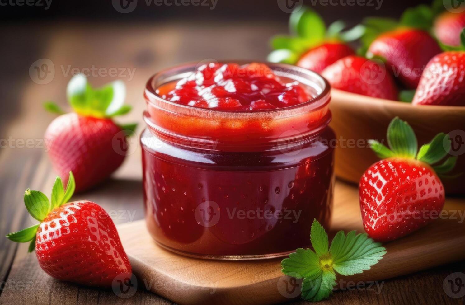 AI generated sweet dessert of fresh berries, berry marmalade, Homemade jam with strawberries, a jar of strawberry jam, homemade autumn preparations photo