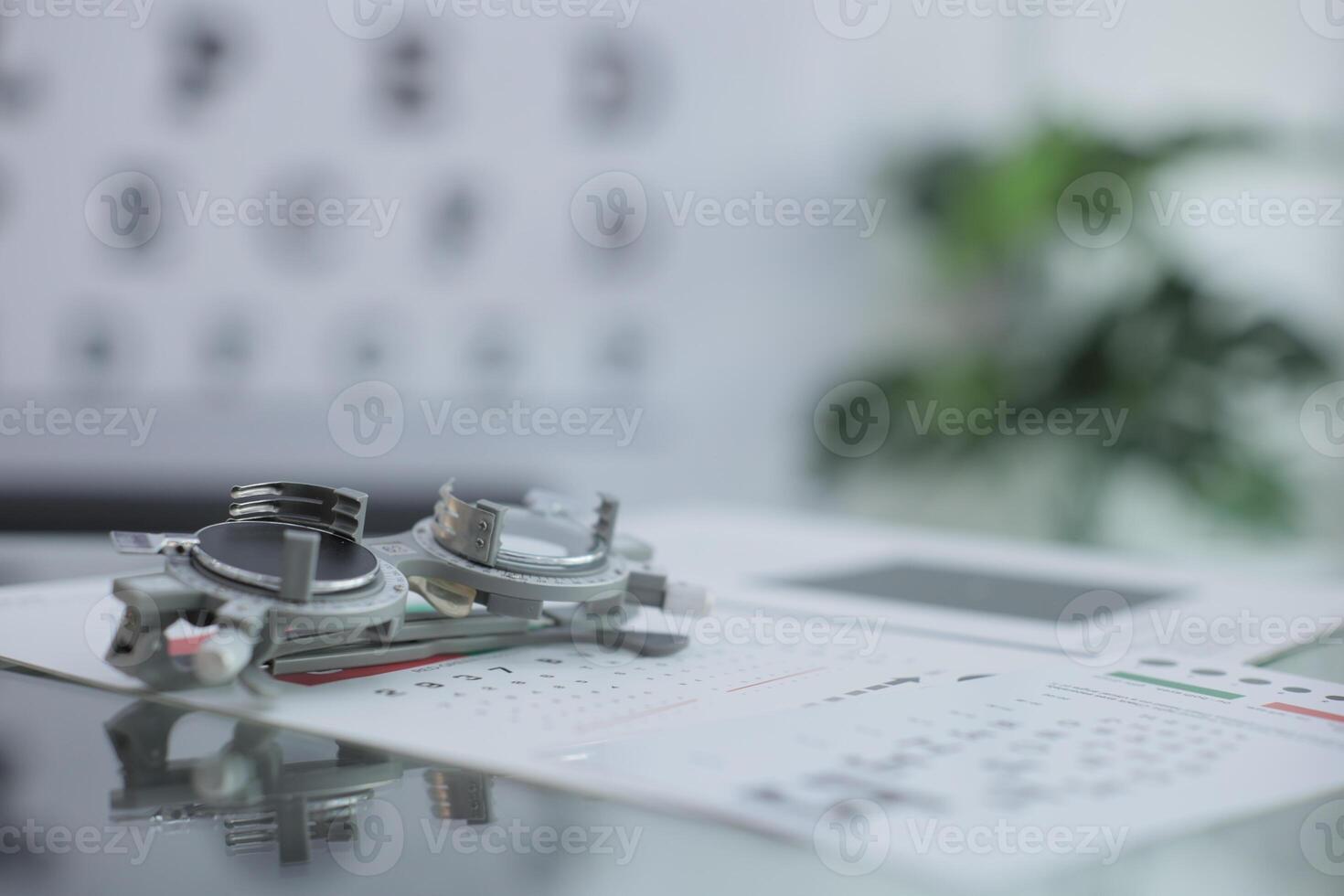 Trial frame eye test, eye exam Phoropter, glasses lenses eye check photo