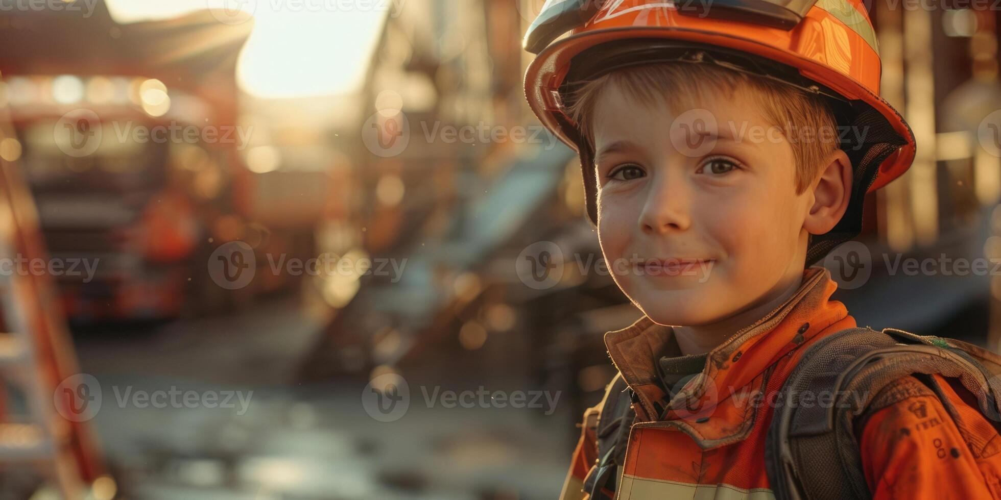 AI generated International Firefighters Day, portrait of a small child boy in a firefighter costume, fire trucks in a fire station, the concept of choosing a profession photo
