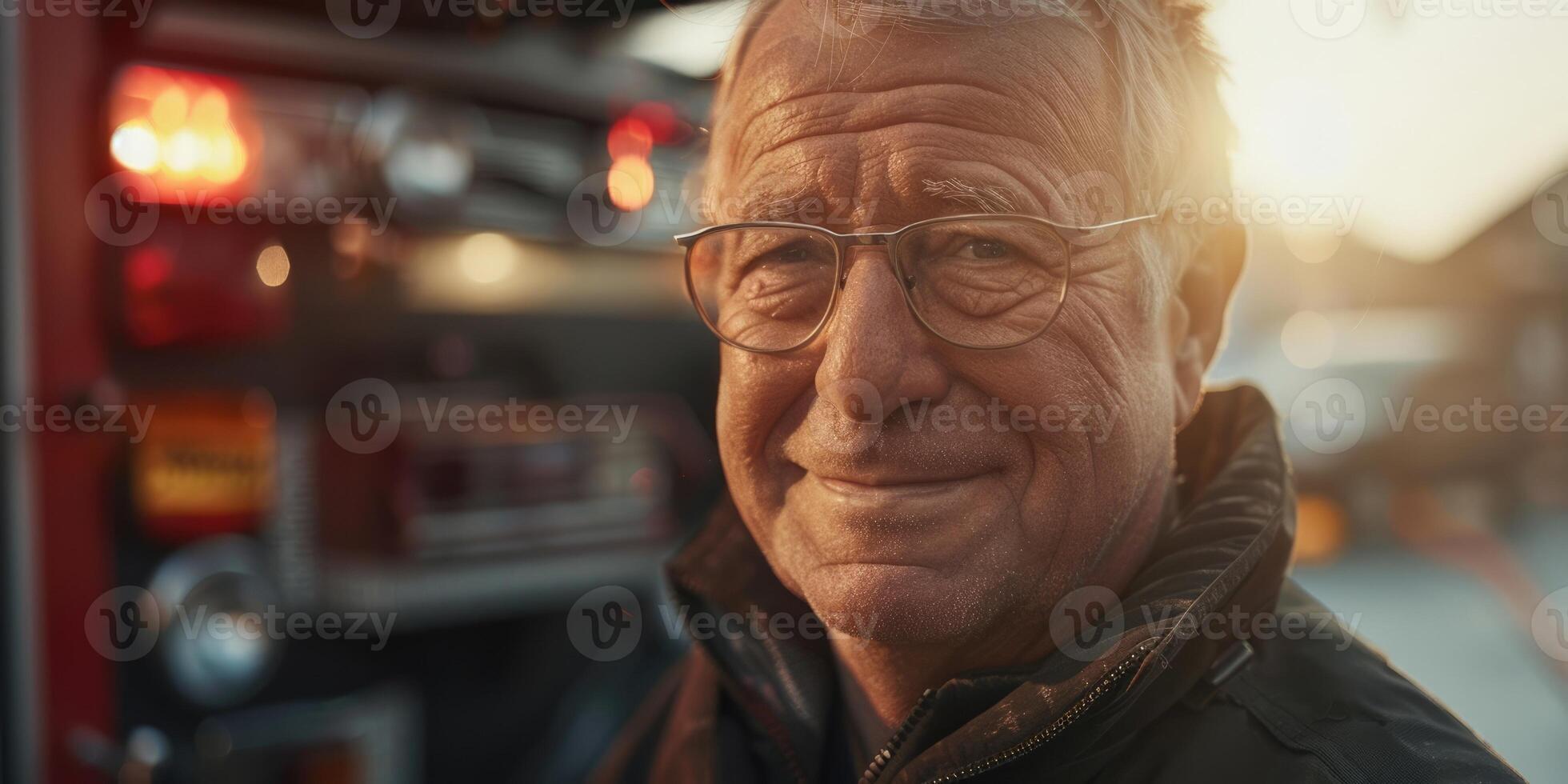 AI generated International Firefighters Day, portrait of an elderly male firefighter, fire trucks in a fire station, concept of working pensioners photo