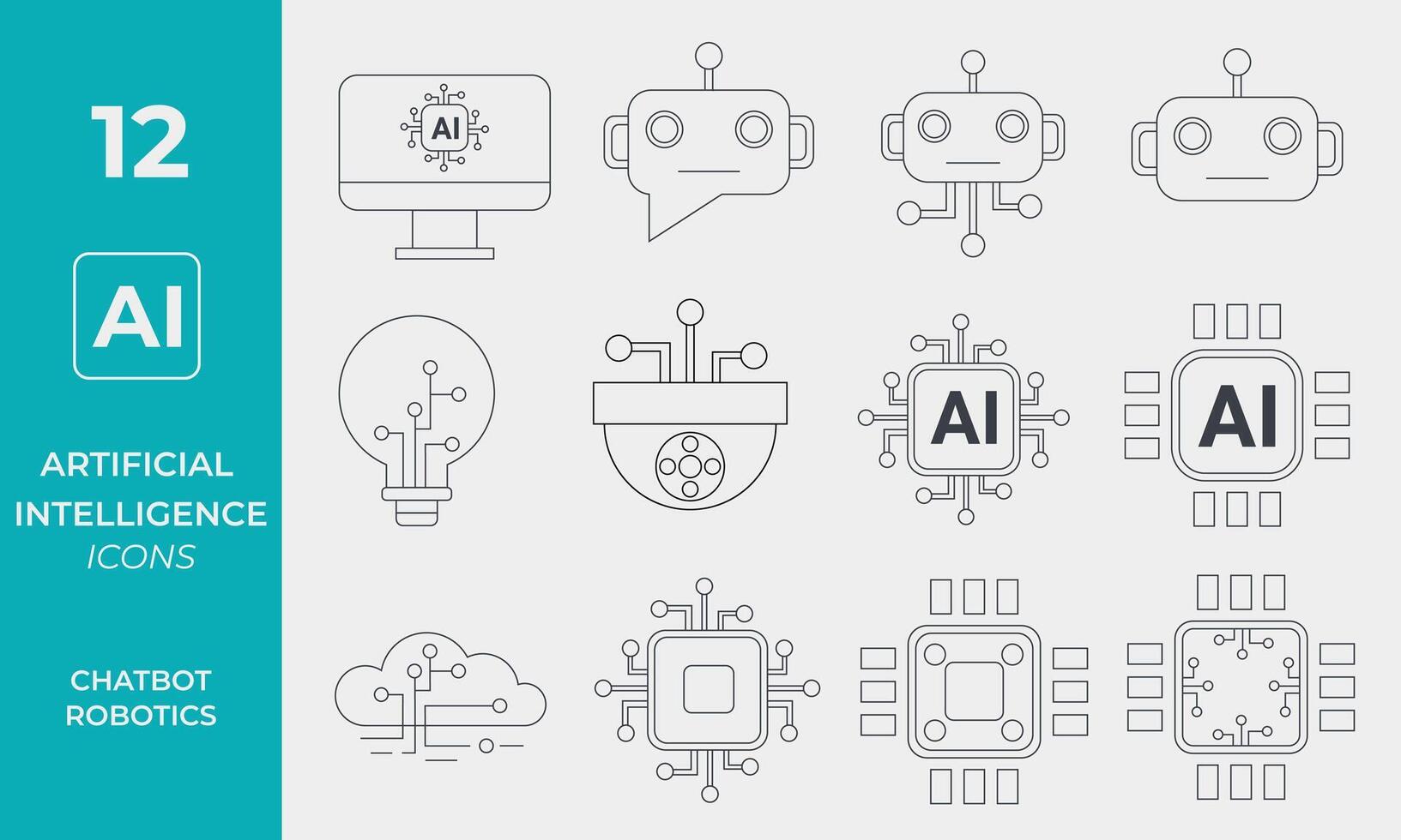 Artificial Intelligence Line Icons set. Vector illustration modern style icons of AI technology and possibilities, machine learning, smart robotics, chatbot.