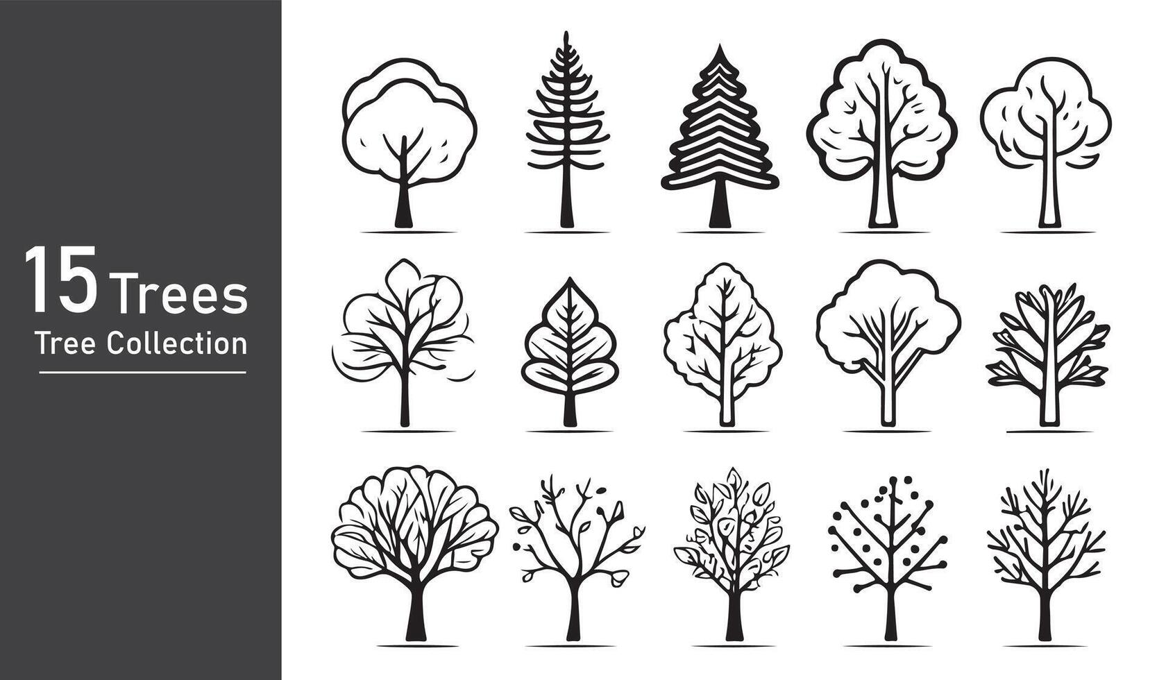 silhouette tree line drawing set, Side view, set of graphics trees elements outline symbol vector