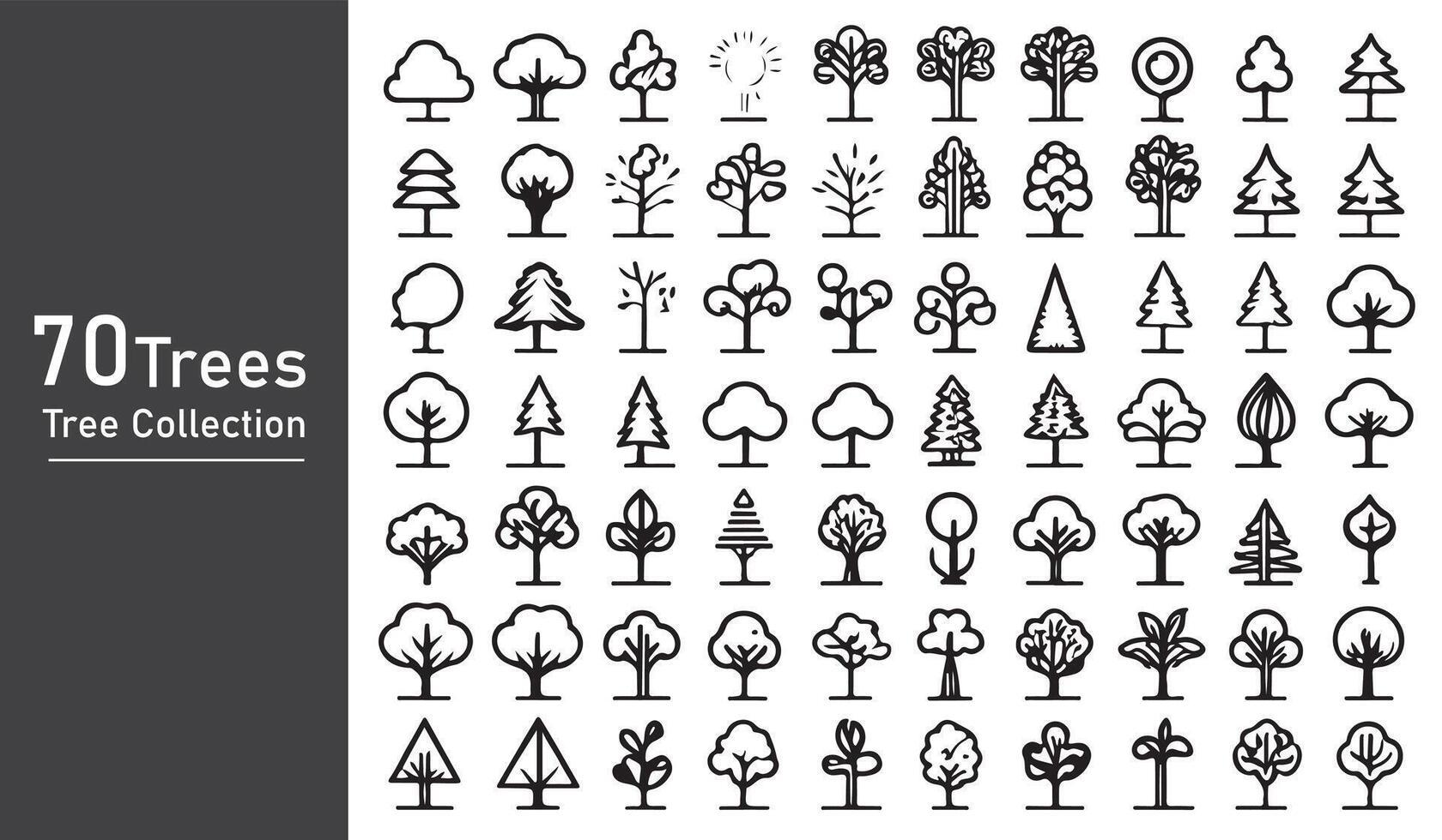 silhouette tree line drawing set, Side view, set of graphics trees elements outline symbol vector